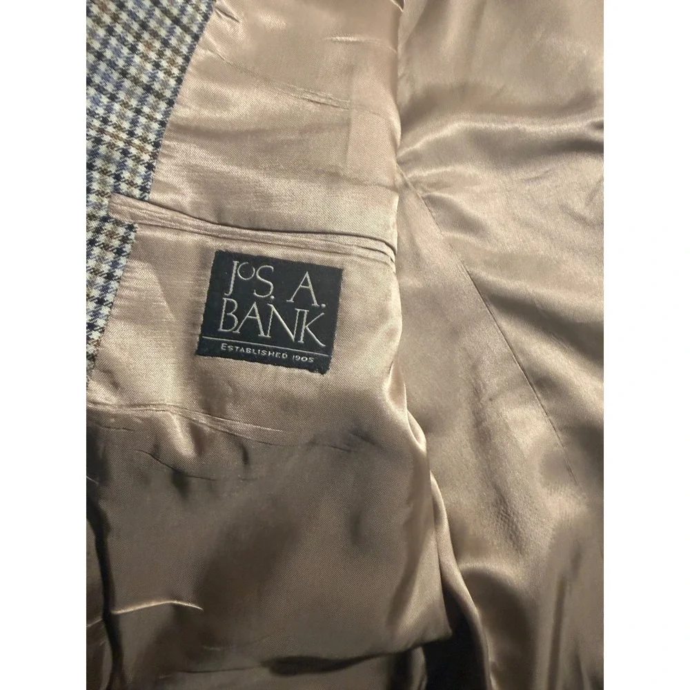 Jos. A. Bank Mens 44L Silk Wool Blend Check Sport Coat Blazer Tan Blue H0573